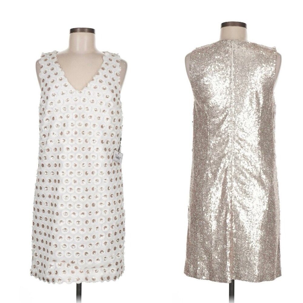 NEW Laundry Shelli Segal Sequin Florette Shift Dress 6 White Champagne Sequin